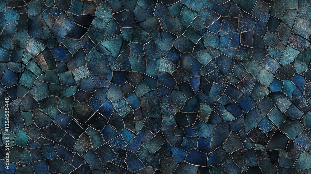 Poster intricate mosaic pattern of dark teal and blue tones creating a textured background for artistic use