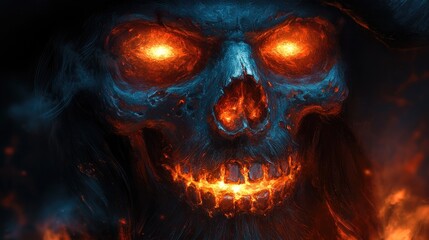 Fiery skull with glowing eyes surrounded by flames in a dark, mystical setting