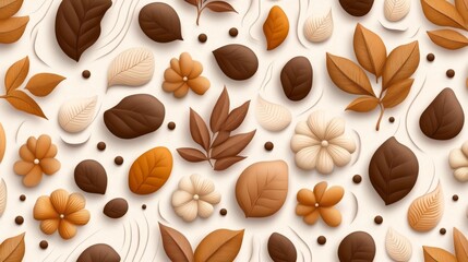 Obraz premium Beautiful Earth-Tone Leaves and Flowers Arranged on White Background. Generative AI