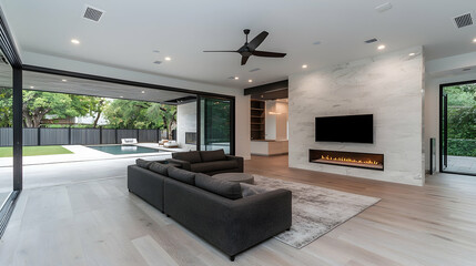 Modern living room with pool view, fireplace, and sliding doors