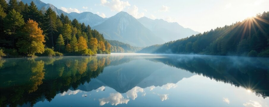 Reflections on the water surface of the Bostalsee, lake, forest