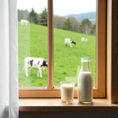 Rustic wooden window with glass bottle and milk glass on the sill, view of green meadow with cows outside, countryside charm
