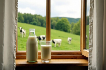 Rustic wooden window with glass bottle and milk glass on the sill, view of green meadow with cows outside, countryside charm