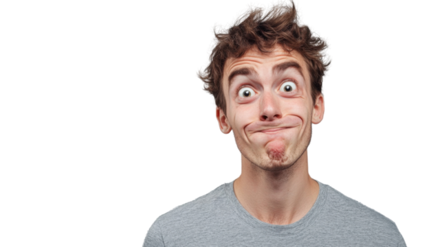 Young man making funny face with transparent background
