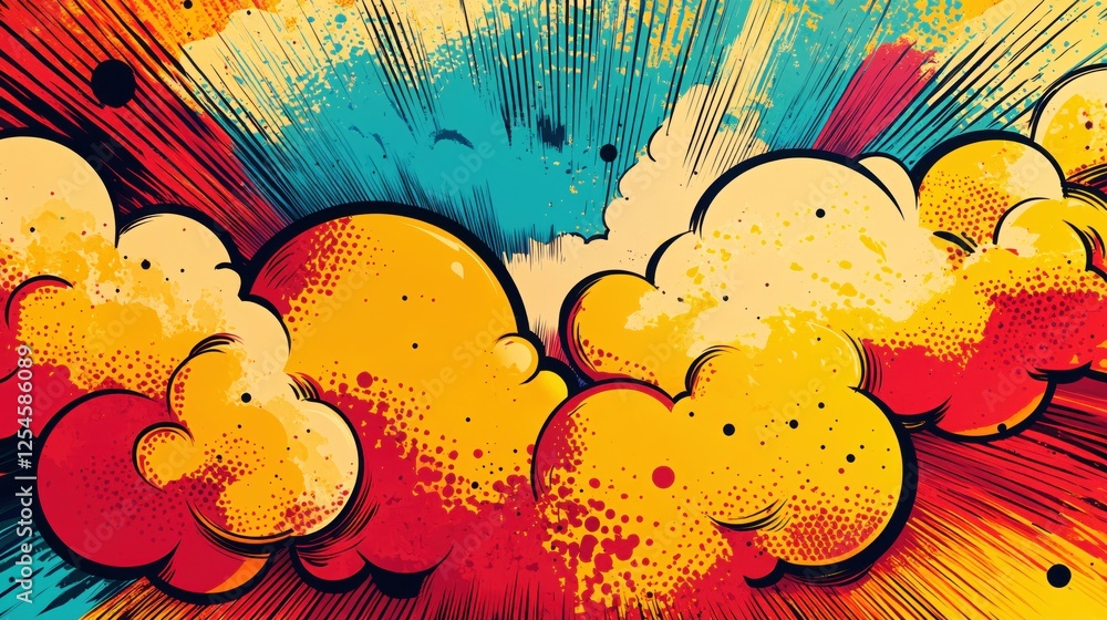 Poster abstract explosion of colors with dynamic lines and clouds in a comic book style