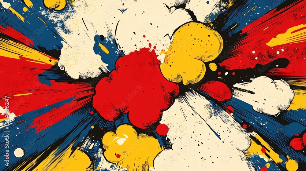 Poster abstract explosion of color with dynamic brush strokes and cloud shapes in red yellow blue