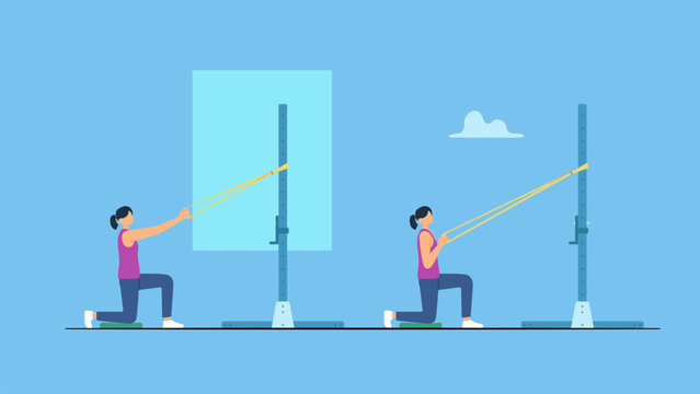 A woman half kneeling single arm angled band pulldown in a fitness centre or gym. Vector isolated of band resisted half kneeling chop gym workout exercise.