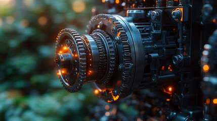 Engine with gearbox system disassembly and repair process, highlighting parts and machinery in a bright modern setting, symbolizing technical precision and mechanical work