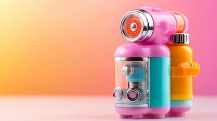 Brightly Colored Plastic Toy Water Guns on a Pink and Orange Background. Generative AI