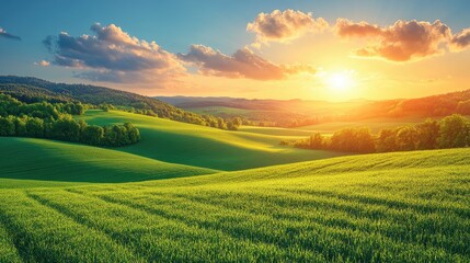 Obraz premium Serene sunrise over rolling green hills with vibrant clouds and distant mountains in the background
