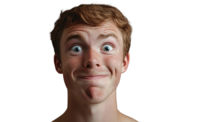 Portrait of surprised freckled man making funny face on transparent background