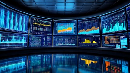 Obraz premium Curved Monitors Displaying Financial Data in a Modern Control Room