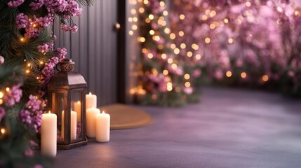 Cozy candlelit entrance decorated with flowers and festive lights. Generative AI
