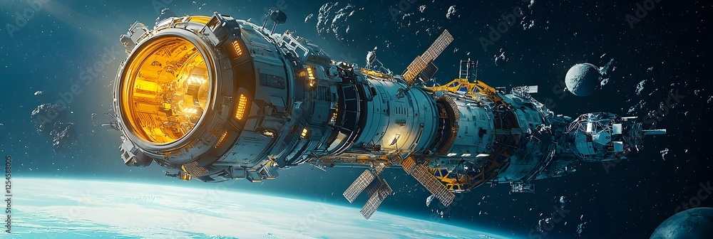 Poster Futuristic and Technologically Advanced Space Station Orbiting the Earth with an Astronaut Floating in the Vastness of Outer Space Showcasing the Progression of Space and Discovery