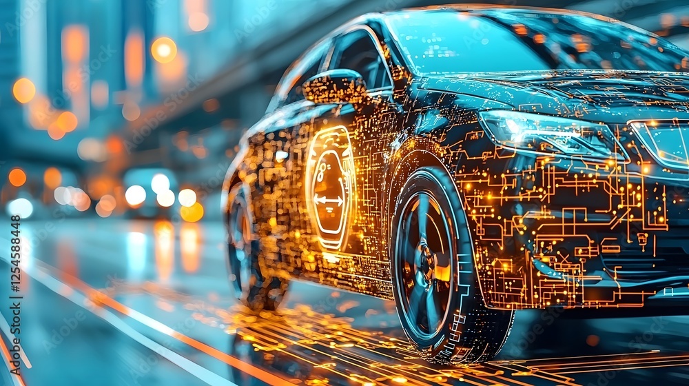 Aufkleber futuristic city skyline with glowing gps navigation lines guiding self driving cars through the urba