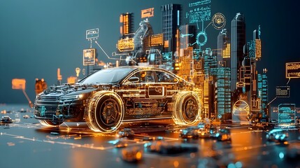 Futuristic city skyline at night with glowing GPS navigation lines guiding a self driving car through the urban landscape