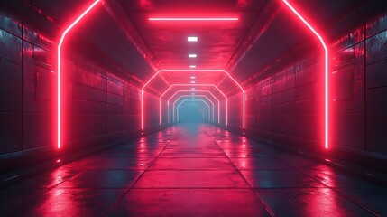 Bright red neon rays piercing through a dark futuristic environment