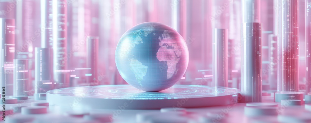 Poster a futuristic globe surrounded by abstract digital elements and glowing columns, representing technol