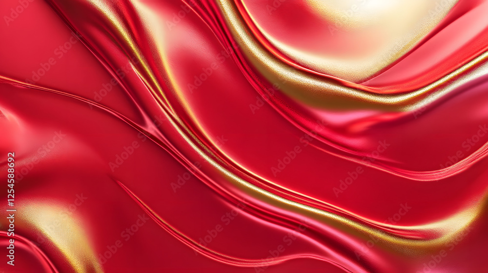 Poster red silk fabric with gold foil design and tulip pattern on a textured background