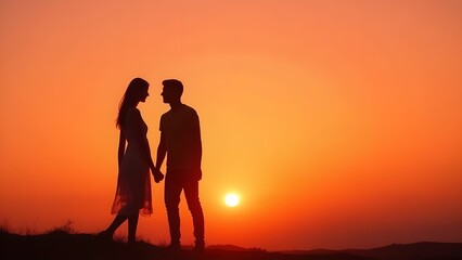 Fototapeta premium Romantic Silhouette of a Couple Holding Hands at Sunset.