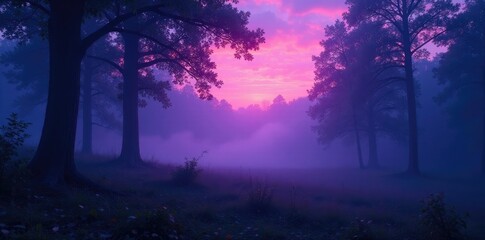 Fototapeta premium Soft purple light envelops a misty forest landscape at dusk, natural, forest