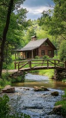 Obraz premium Rustic Log Cabin Surrounded by Lush Green Forest and Stream