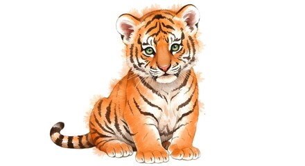 Fototapeta premium Cute Tiger Cub Watercolor Illustration Sitting Against White Background
