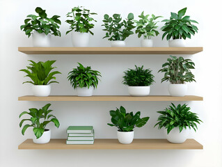 3D Illustration of Houseplants on Wooden Shelves