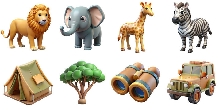PNG 3d collection of Safari Adventure, in cartoon style minimal on transparent background, isolate