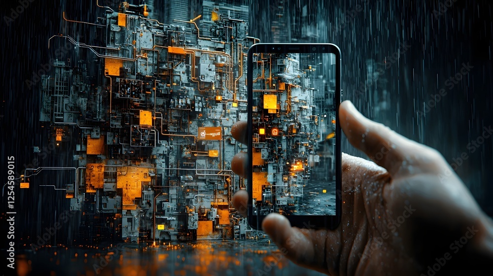 Poster futuristic smartphone displaying a weak gps signal warning in a deep urban canyon with a cityscape o