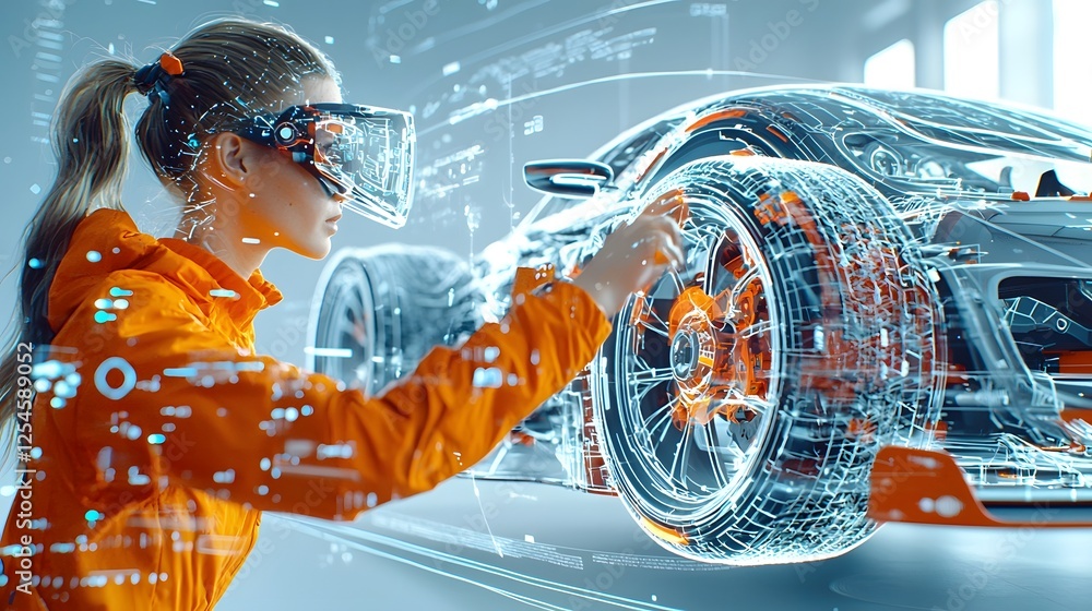 Poster Futuristic holographic GPS navigation map projected in mid air within the dashboard of a concept autonomous vehicle