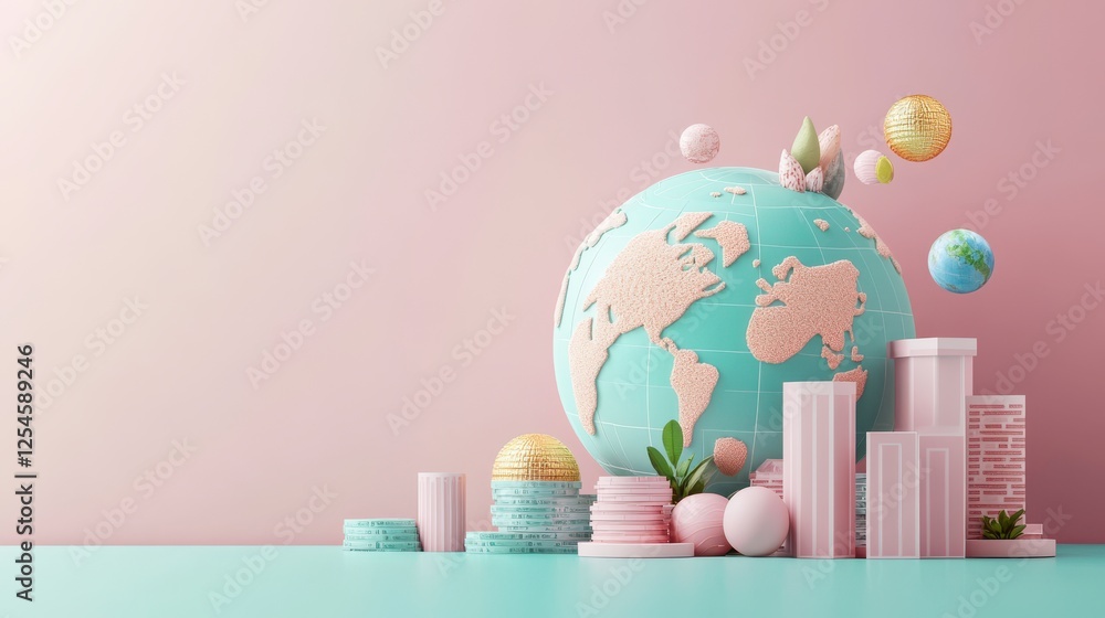 Poster a colorful globe surrounded by pastel shapes and structures, creating a whimsical and modern represe