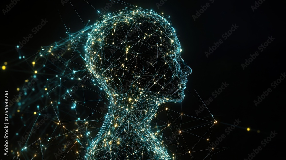 Poster a digital silhouette of a human head is formed by interconnected glowing nodes and lines, representi