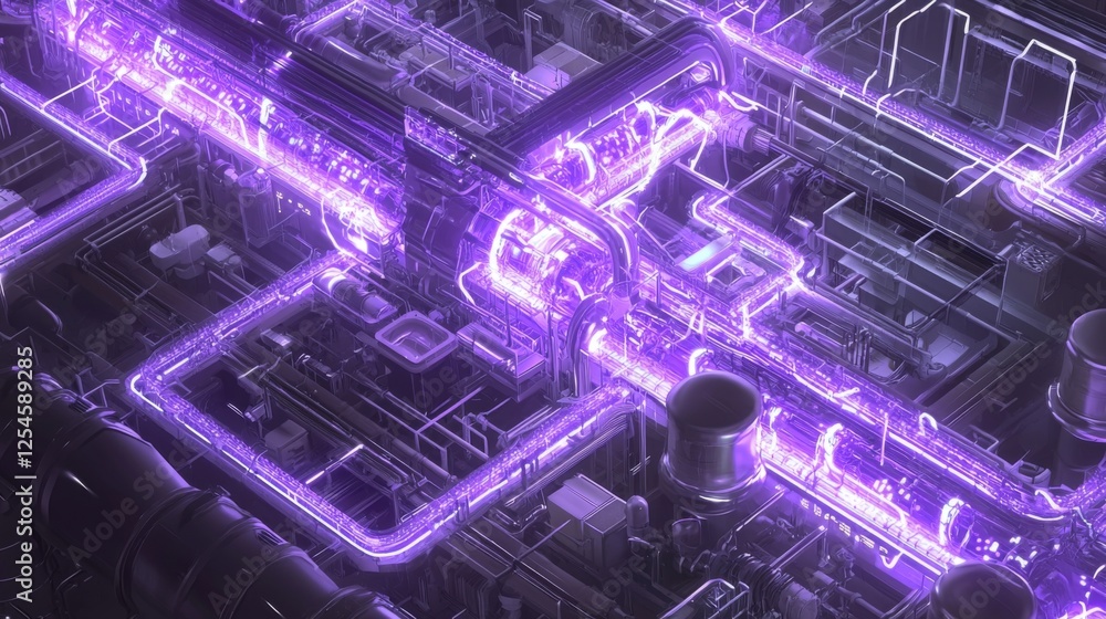 Poster abstract representation of futuristic technology with glowing purple pipes and intricate structures 
