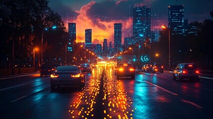 Fototapeta premium Futuristic City Street with Neon Lights and Cars. Generative AI