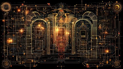 Golden Archway Portal With Glowing Lines And Digital Art