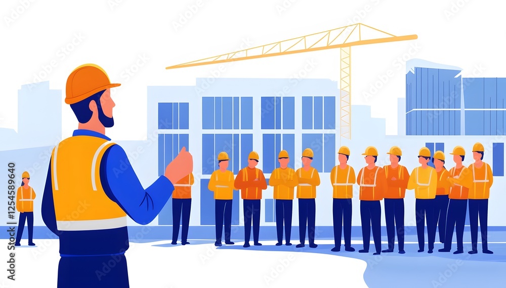 Poster a construction supervisor addresses a group of workers at a building site. the image captures teamwo