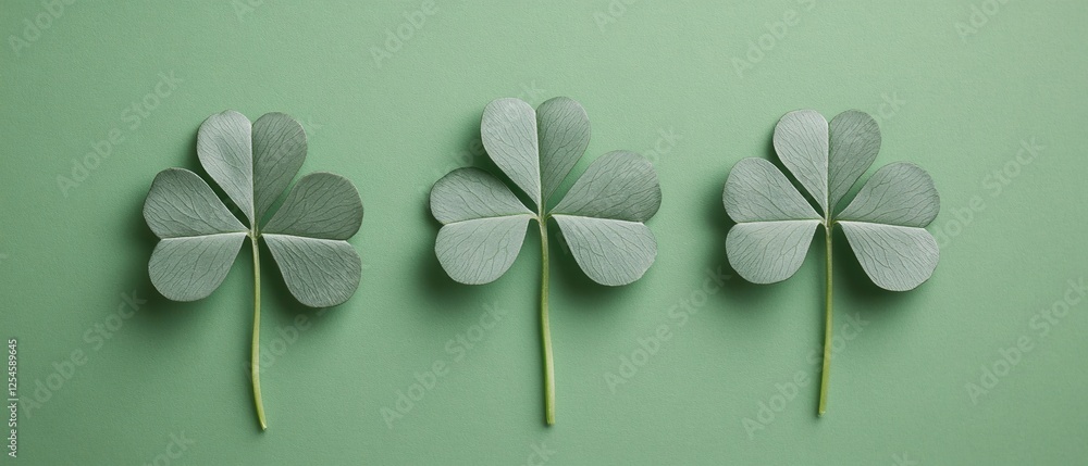 Poster three shamrock leaves displayed neatly on a solid green background in a simple flat lay style