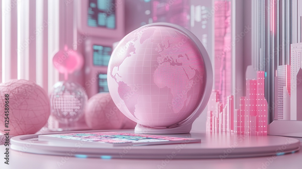 Poster a futuristic pink globe sits on a sleek surface surrounded by abstract shapes, creating a playful an