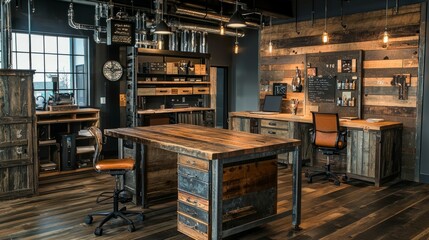 Naklejka premium Rustic Industrial Office Space with Wooden Furniture and Unique Decor