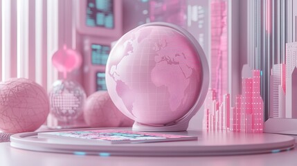 Obraz premium A futuristic pink globe sits on a sleek surface surrounded by abstract shapes, creating a playful and imaginative atmosphere.