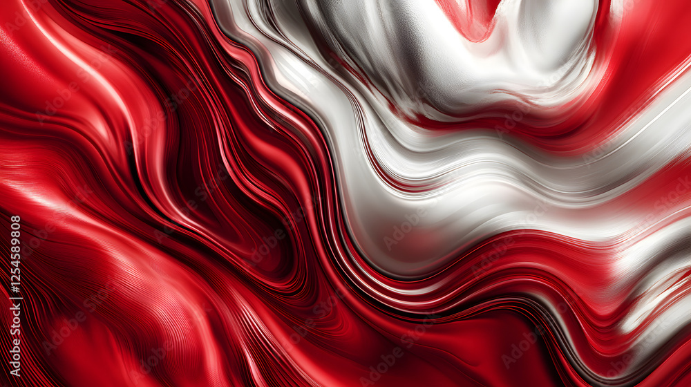 Poster red and white abstract background with wavy pattern and dramatic glow effect
