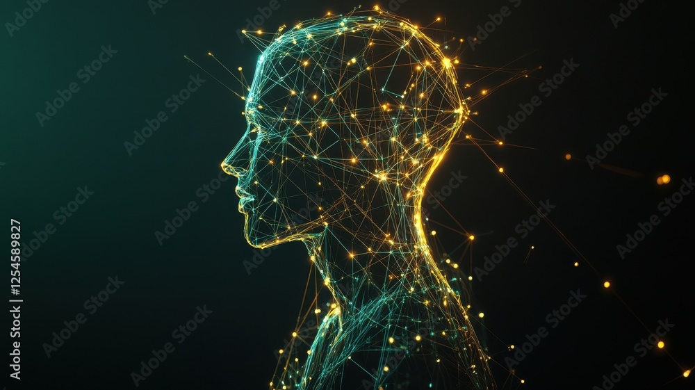 Poster a digital representation of a human profile, composed of interconnected glowing points, symbolizing 