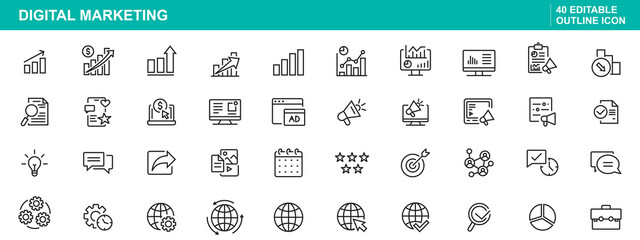 Digital marketing icons in editable outline style, for business and advertising, icon set, editable