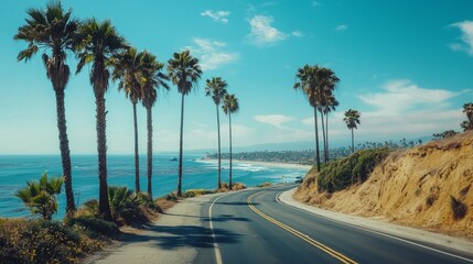 Scenic Coastal Road with Palm Trees and Ocean View under Blue Sky