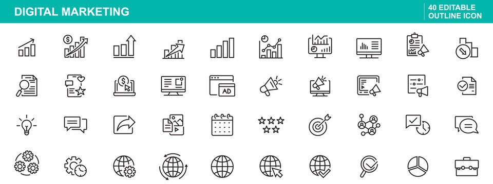 Digital marketing icons in editable outline style, for business and advertising, icon set, editable