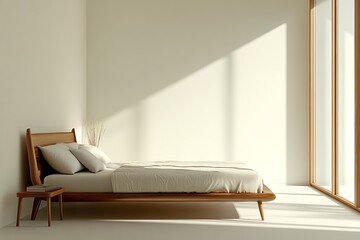 mid-century bedroom with sleek bed frame and wooden furniture