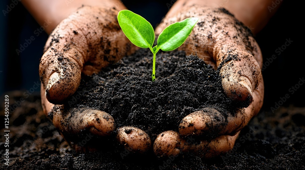 Poster hands gently cupping a rich nutrient dense soil with a small vibrant seedling emerging symbolizing t