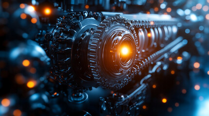 Engine with gearbox system disassembly and repair process, highlighting parts and machinery in a bright modern setting, symbolizing technical precision and mechanical work