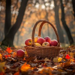 Autumn apples in basket, forest background, harvest (1)